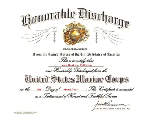 US Marine Corps Honorable Discharge replacement certificate