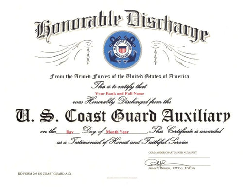 United States Coast Guard Auxiliary Honorable Discharge Replacement Certificate