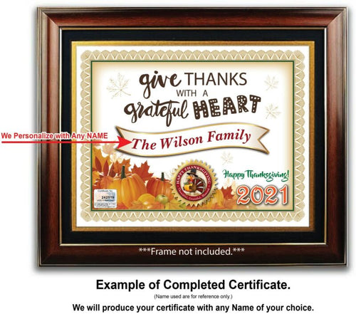 PERSONALIZED THANKSGIVING CERTIFICATE - Grateful Heart Fall Pumpkin - GREAT GIFT