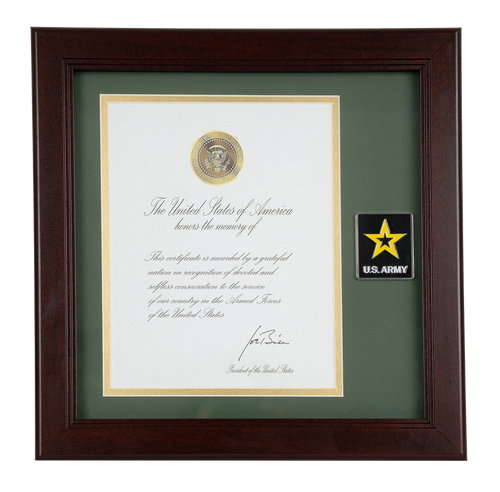 US Army Logo Presidential Memorial Certificate Frame with Army Logo Medallion - 12" x 12" Mahogany Stained Hardwood Frame with 8" x 10" Replica Certificate and Die Cast, Gold Plated Medallion