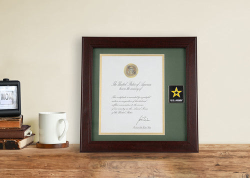 US Army Logo Presidential Memorial Certificate Frame with Army Logo Medallion - 12" x 12" Mahogany Stained Hardwood Frame with 8" x 10" Replica Certificate and Die Cast, Gold Plated Medallion