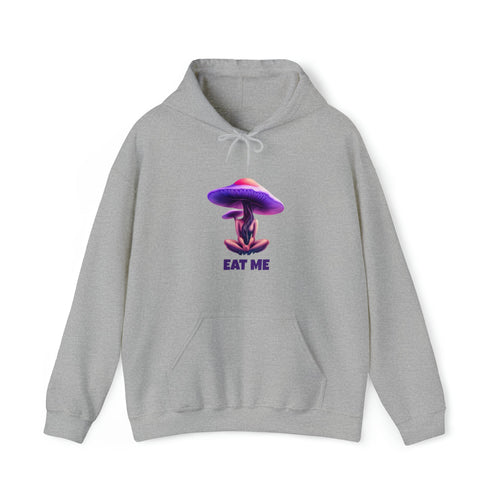 Surreal 'Eat Me' Mushroom Graphic Hooded Sweatshirt | Trippy Fungi Hoodie