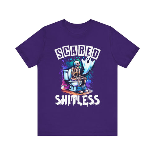 Scared Shitless Tee | Skeleton On the Toilet | Dad Humor Pun T-Shirt