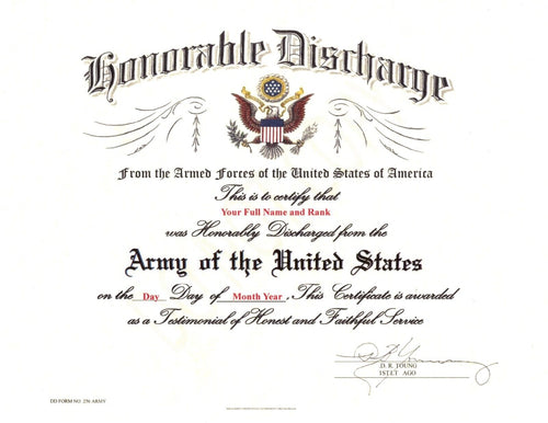 United States Army Honorable Discharge Replacement Certificate