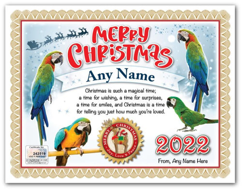 PERSONALIZED CHRISTMAS CERTIFICATE - Parrot Macaw Bird Lover Tropical GREAT GIFT