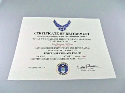 United States Air Force Retirement replacement certificate