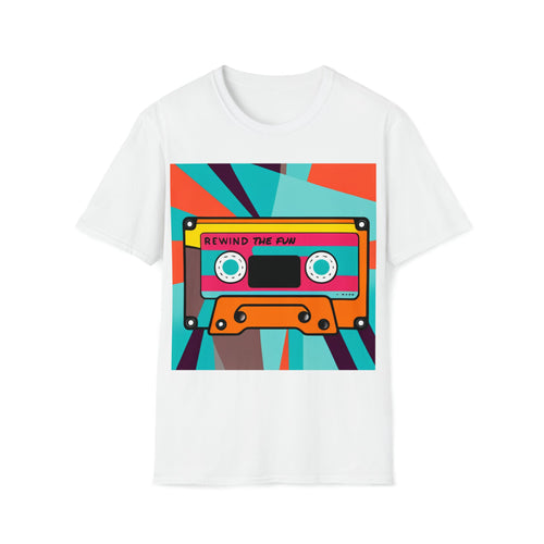 Retro Cassette Tape 'Rewind the Fun' T-Shirt | Colorful Pop Culture Music Design Tee