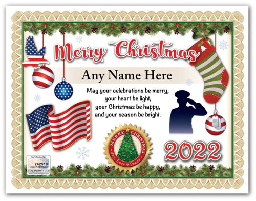 PERSONALIZED CHRISTMAS CERTIFICATE - Veteran Military Army Patriot - GREAT GIFT