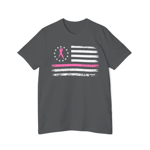 US Flag Pink Stripe Breast Cancer Awareness Support T-Shirt | Think Pink Line Graphic Tee