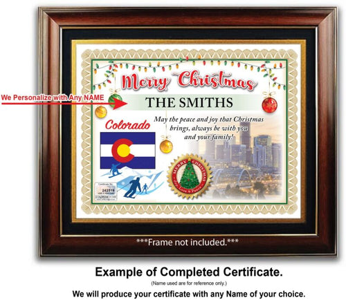 PERSONALIZED CHRISTMAS CERTIFICATE Colorado State Flag Denver Skiing GREAT GIFT