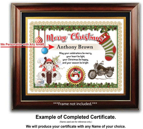 PERSONALIZED CHRISTMAS CERTIFICATE - Motorcycle Biker Stocking - GREAT GIFT