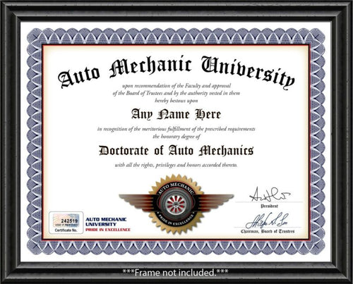 Auto Mechanic PERSONALIZED CERTIFICATE Diploma Car Garage Decor GREAT GIFT Dad