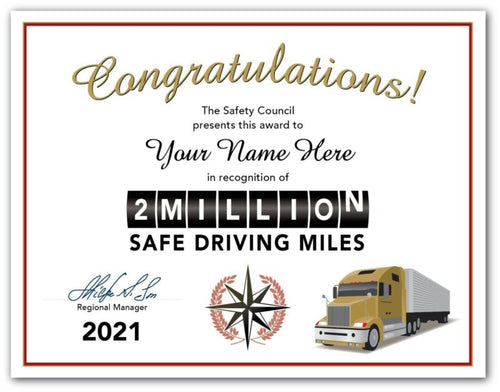 Two Million Mile Safe Driving Award Certificate - Trucking Truck Driver Semi ATA