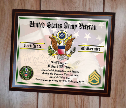 CUSTOMIZED ARMY AIR FORCE MARINE NAVY USCG RANK CERTIFICATE