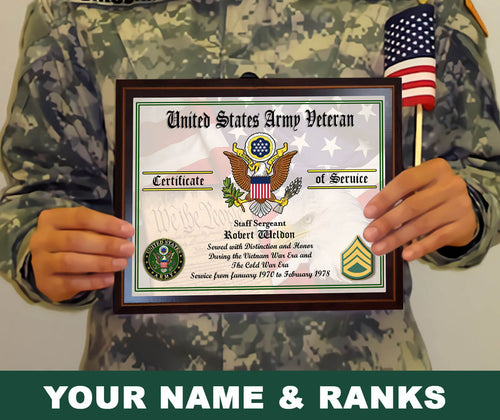 CUSTOMIZED ARMY RANK CERTIFICATE VETERANS DAY 2024 GIFT