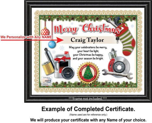 PERSONALIZED CHRISTMAS CERTIFICATE - Auto Car Mechanic Tools Shop Garage - GIFT