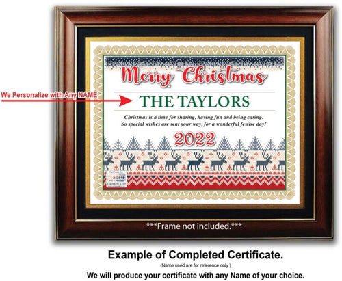 PERSONALIZED CHRISTMAS CERTIFICATE - Ugly Sweater Reindeer Cross Stitch - GIFT