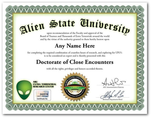 Green Alien Personalized Certificate - Hunter Storm Area Groom Dry Lake AFB ET