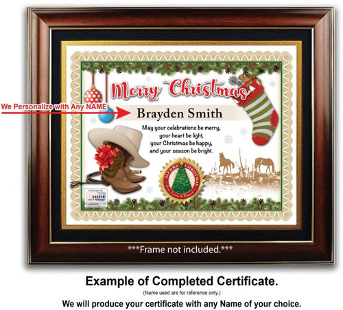 PERSONALIZED CHRISTMAS CERTIFICATE - Cowboy Boots Hat Western Stocking - GIFT