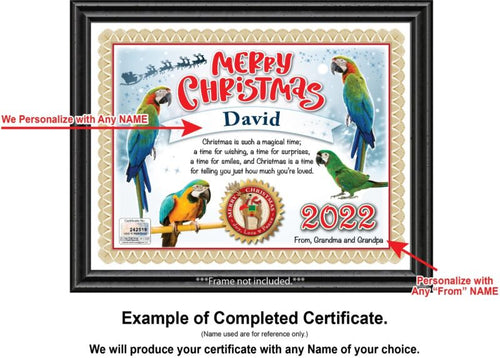 PERSONALIZED CHRISTMAS CERTIFICATE - Parrot Macaw Bird Lover Tropical GREAT GIFT