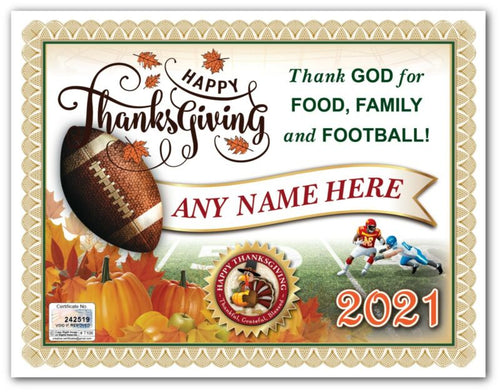 PERSONALIZED THANKSGIVING CERTIFICATE - Football Food Family God Pumpkin - GIFT