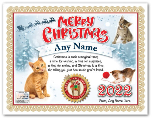 PERSONALIZED CHRISTMAS CERTIFICATE - Kitten Cat Lover Cute Toys Tree GREAT GIFT