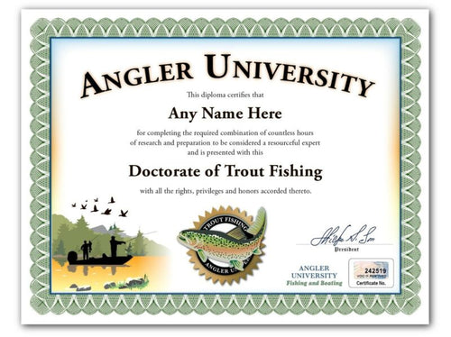 TROUT Fishing PERSONALIZED CERTIFICATE Diploma - Boating Fisherman Angler GIFT