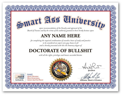 BULLSHIT AWARD CERTIFICATE Smart Ass DIPLOMA - Funny Joke Gag - Office Desk GIFT