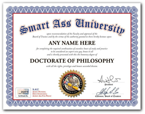 SMART ASS Philosophy CERTIFICATE DIPLOMA - Funny Joke Gag - Office Desk GIFT