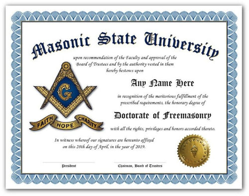 Masonic University Freemason Certificate Diploma w/Gold Seal Novelty Logo - Gift