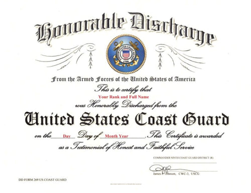 United States Coast Guard Honorable Discharge Replacement Certificate