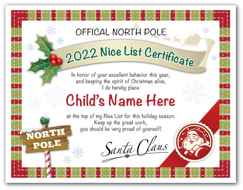 Santa Claus Nice List Certificate - Christmas Stocking Stuffers Favors Boy Girl