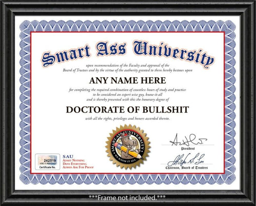 BULLSHIT AWARD CERTIFICATE Smart Ass DIPLOMA - Funny Joke Gag - Office Desk GIFT