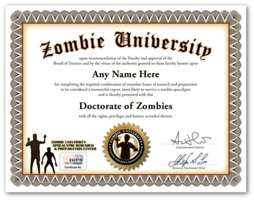 Zombie University Personalized Certificate - Apocalypse Survival - GREAT GIFT