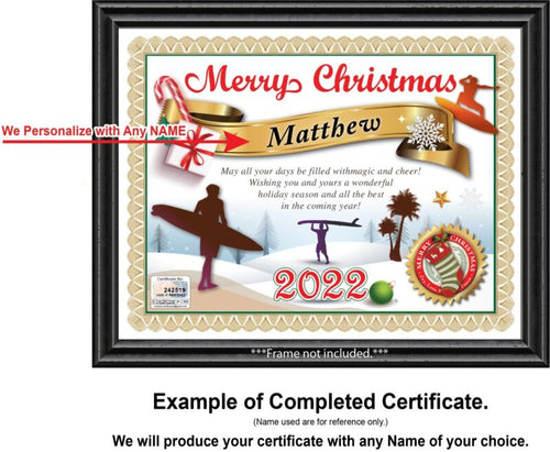 PERSONALIZED CHRISTMAS CERTIFICATE - Surfing Surfboard Beach Ocean - GREAT GIFT