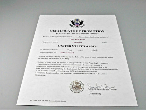 Certificate of Promotion NCO (US Army) Replacement Certificate 8.5 X 11