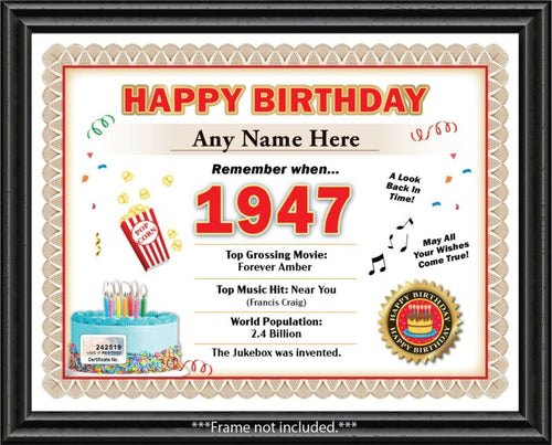 Year of Birth 1947 Personalized Happy Birthday Certificate - GIFT PRESENT DECOR