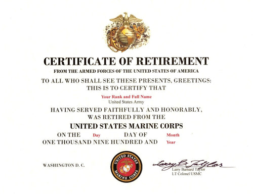 United States Marine Corps Retirement replacement certificate