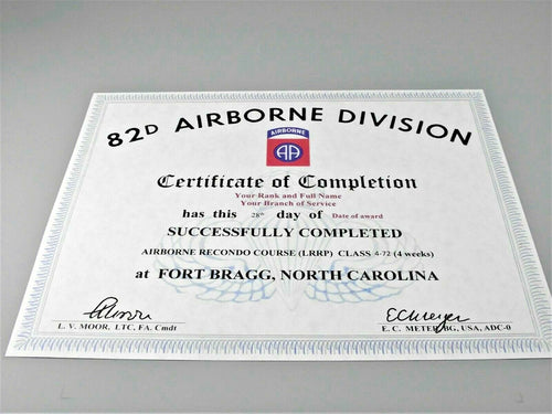 82nd ABN AIRBORNE Recondo (LRRP) Course - School Replacement Certificate