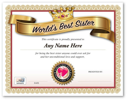 Personalized Best SISTER World AWARD CERTIFICATE DIPLOMA Anniversary Card GIFT