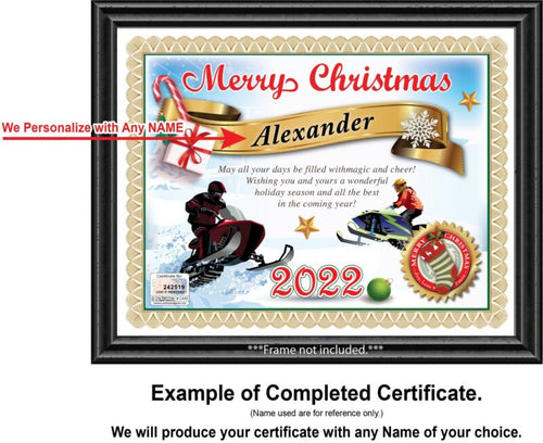 PERSONALIZED CHRISTMAS CERTIFICATE - Snowmobile Racing Goggles Artic GREAT GIFT