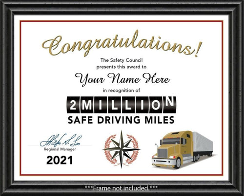 Two Million Mile Safe Driving Award Certificate - Trucking Truck Driver Semi ATA