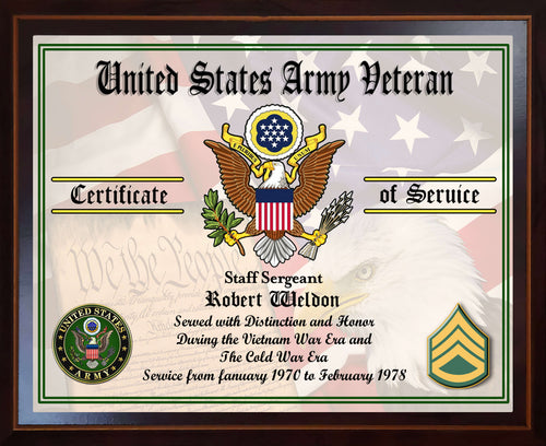 CUSTOMIZED ARMY AIR FORCE MARINE NAVY USCG RANK CERTIFICATE