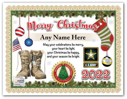 PERSONALIZED CHRISTMAS CERTIFICATE - US Army Boots Veteran Patriot - GREAT GIFT